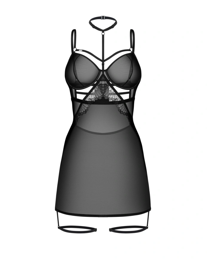 Бэби-долл Obsessive Arrowel Black chemise S/M, с декоративным чокером и гартерами фото 3