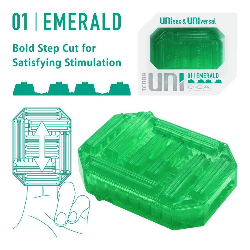 Унісекс-стимулятор Tenga UNI Emerald, зелений, з геометричним рельєфом, лубрикант у комплекті фото 2