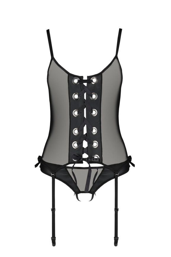 Корсет зі шнурівкою Passion NESSY CORSET L/XL black, стрінги з відкритим доступом, пажі для панчіх фото 3