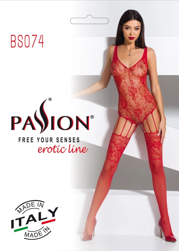 Ажурный бодистокинг с имитацией чулок Passion BS074 red фото 6