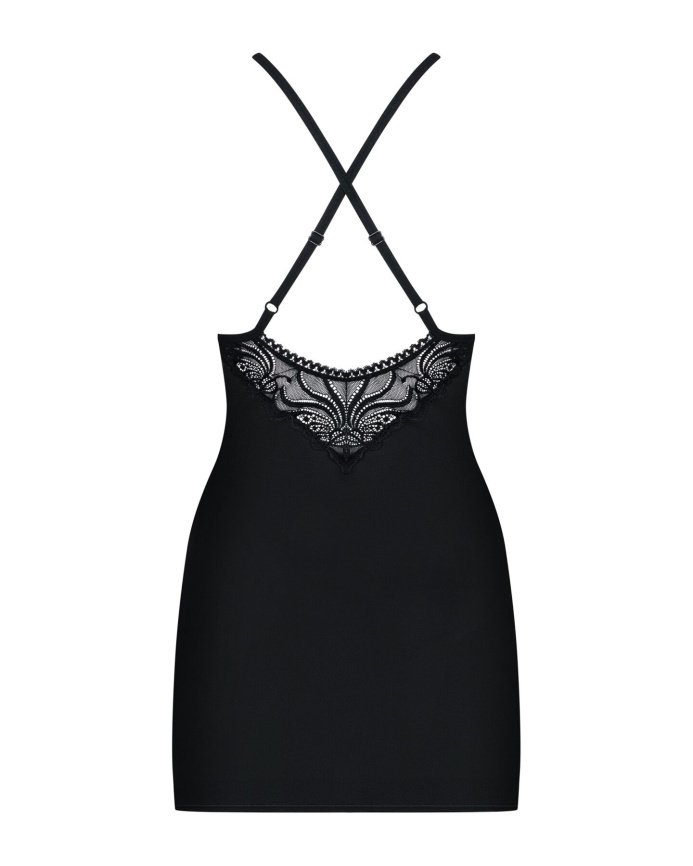 Сатиновий комплект для сну з мереживом Obsessive 828-CHE-1 chemise & thong L/XL, чорний, сорочка фото 6