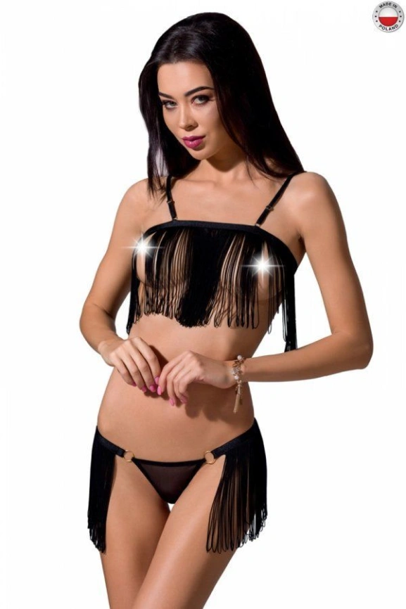 Комплект белья Passion Exclusive KASSANDRA SET OpenBra 2XL/3XL, black, лиф из бахромы, трусики-юбка фото 1