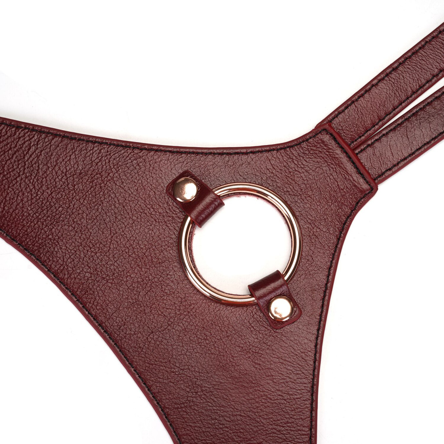 Шкіряні трусики для страпона Liebe Seele Wine Red Strap on Harness, універсальний розмір фото 5