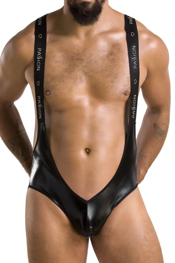 Мужское открытое боди Passion 027 BRUNO L/XL Black, под латекс, на лямках фото 1