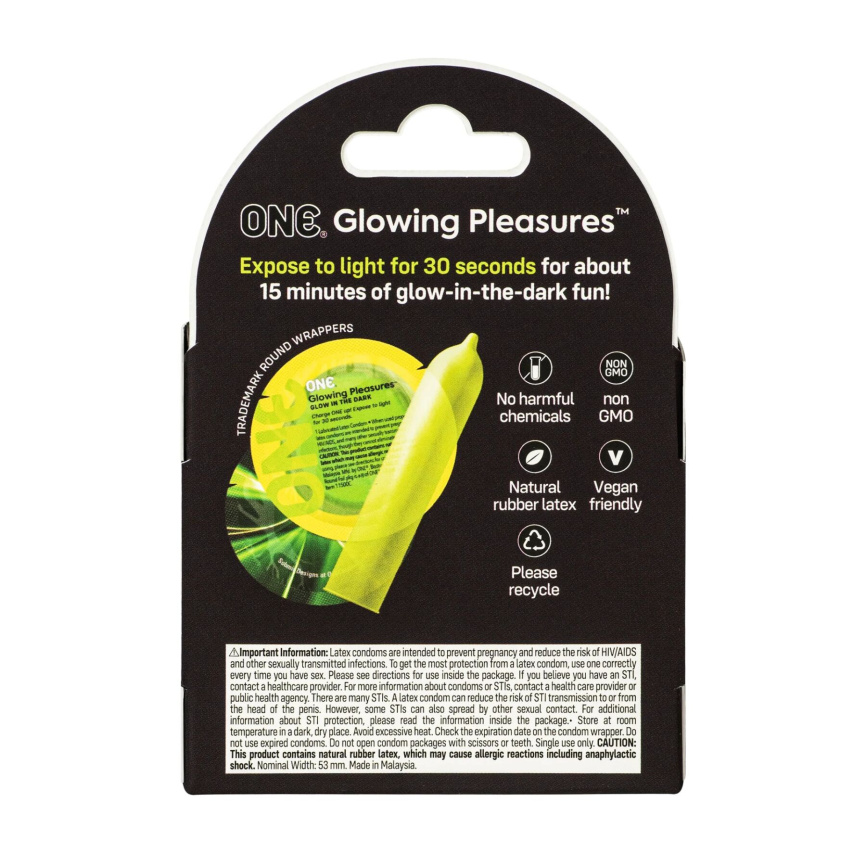 Презервативи ONE Glowing Pleasures, 3 шт, світяться в темряві, зі змазкою, картонне паковання фото 2