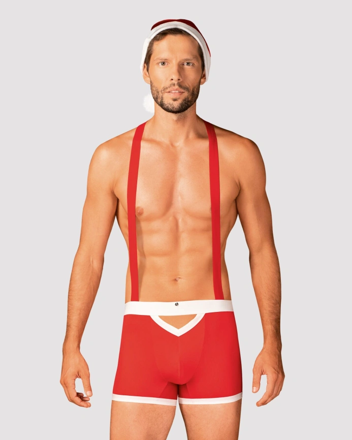 Мужской эротический костюм Санта-Клауса Obsessive Mr Claus 2XL/3XL, боксеры на подтяжках, шапочка с  фото 1