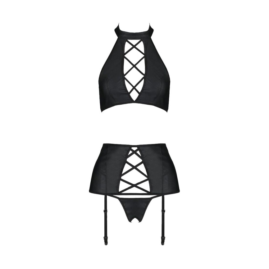 Комплект із екошкіри Passion NANCY SET 6XL/7XL black, імітація шнурівки, топ, пояс для панчіх фото 7