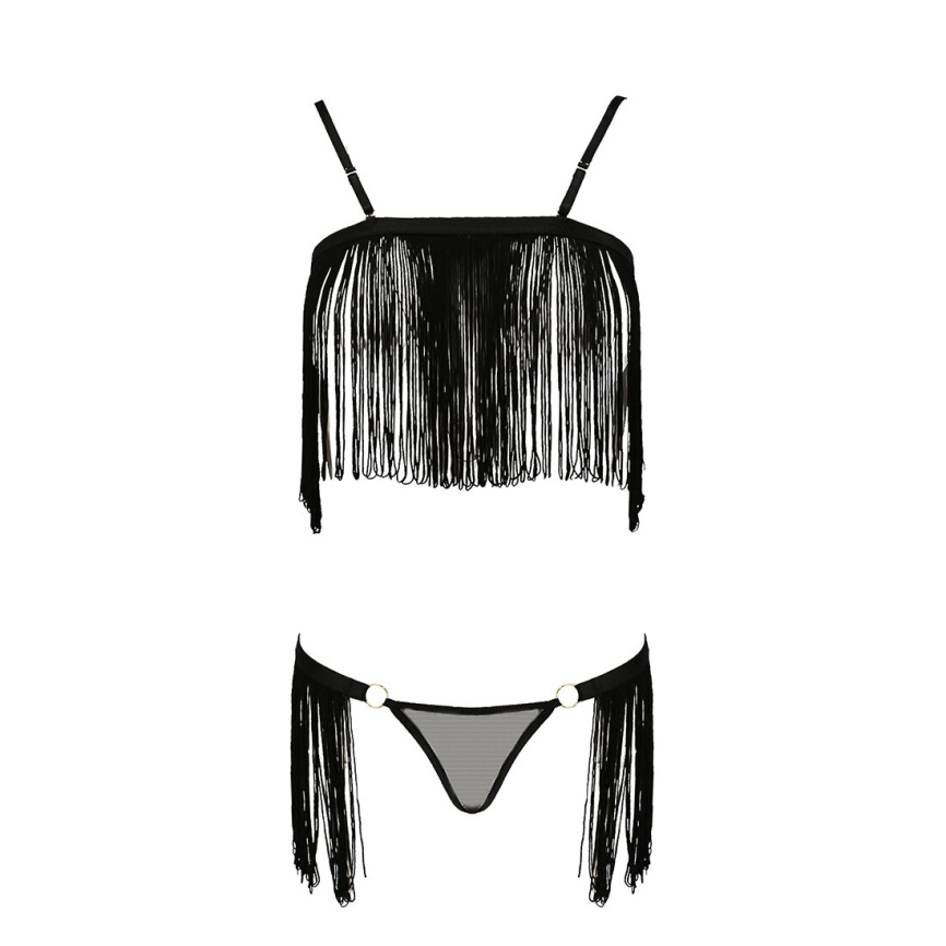 Комплект білизни Passion Exclusive KASSANDRA SET OpenBra L/XL black, ліф з бахроми, трусики-спідниця фото 5