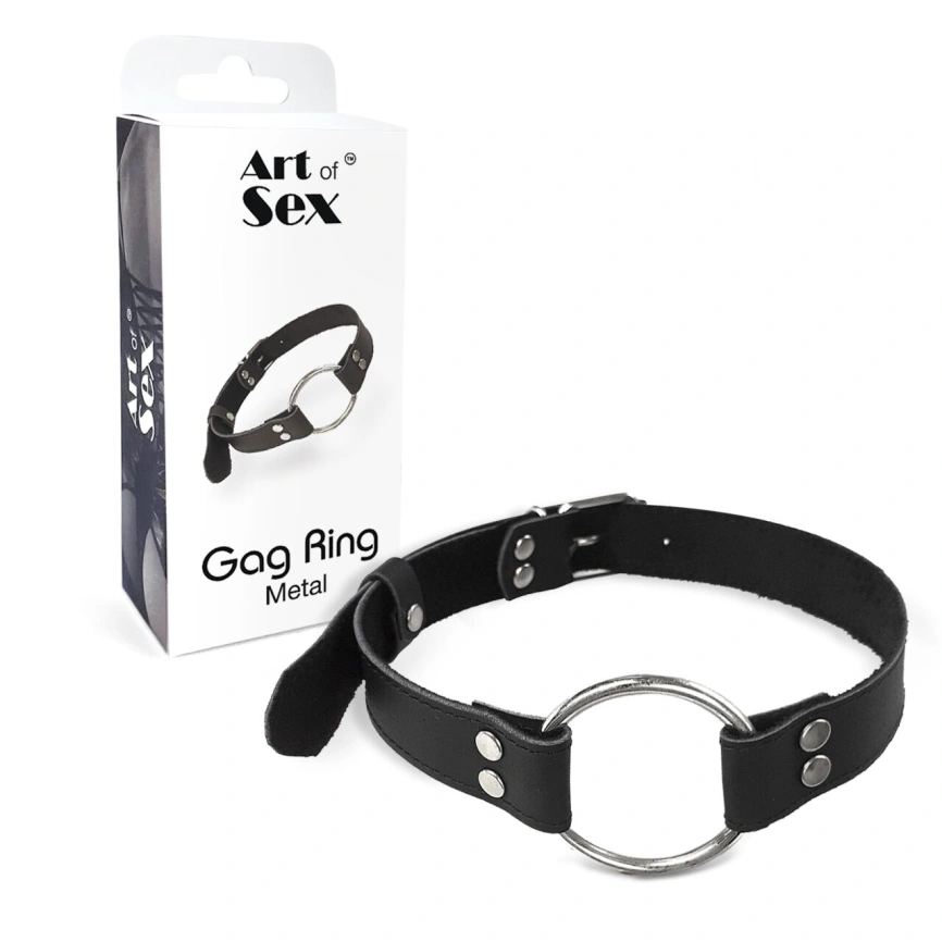 Кляп металлическое кольцо на ремнях Art of Sex – Gag Ring Metal, черный, натуральная кожа фото 3