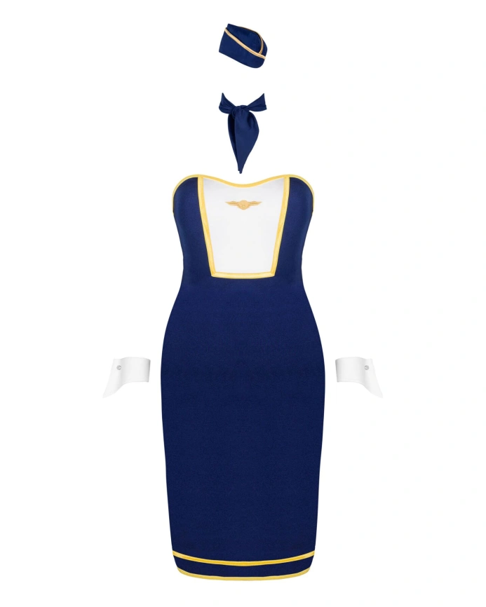 Эротический костюм стюардессы Obsessive Stewardess uniform XS/S, blue, платье, пилотка, шарф, манжеты фото 3