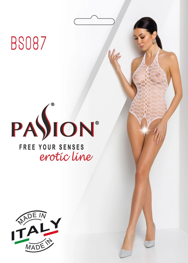 Бодистокинг в крупную сетку Passion BS087 white, открытая спина, халтер, с доступом фото 8
