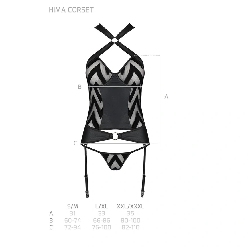 Сетчатый комплект с узором Passion HIMA CORSET L/XL, black, корсет с халтером, подвязки, трусики фото 13