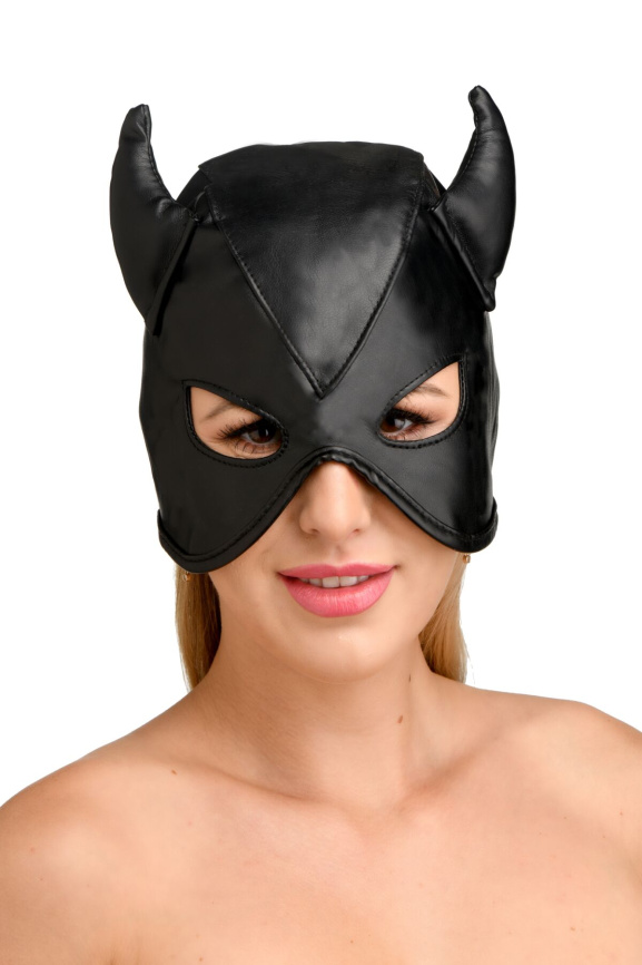 Маска з рогами Master Series: Dungeon Demon Bondage Mask with Horns, чорна фото 1