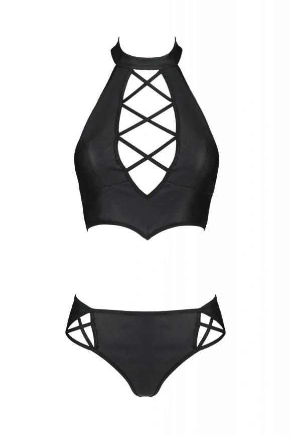 Комплект из экокожи Passion NANCY BIKINI 4XL/5XL black, бра и трусики с имитацией шнуровки фото 3