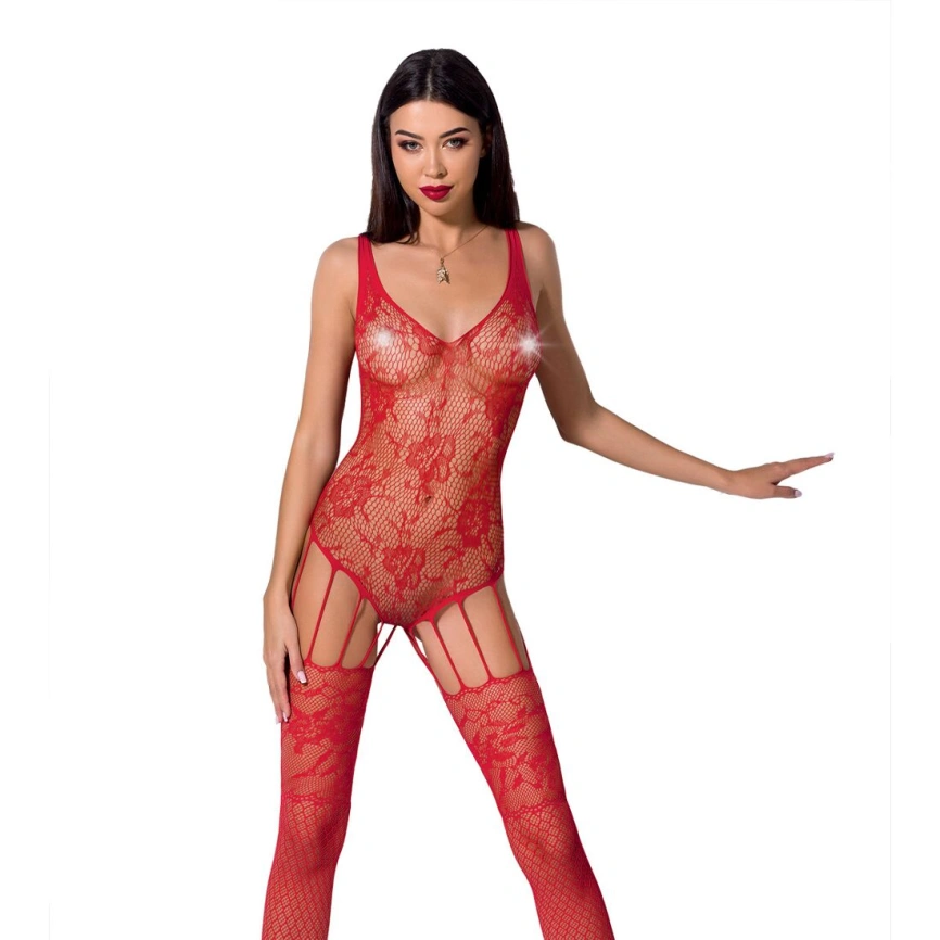 Ажурный бодистокинг с имитацией чулок Passion BS074 red фото 8