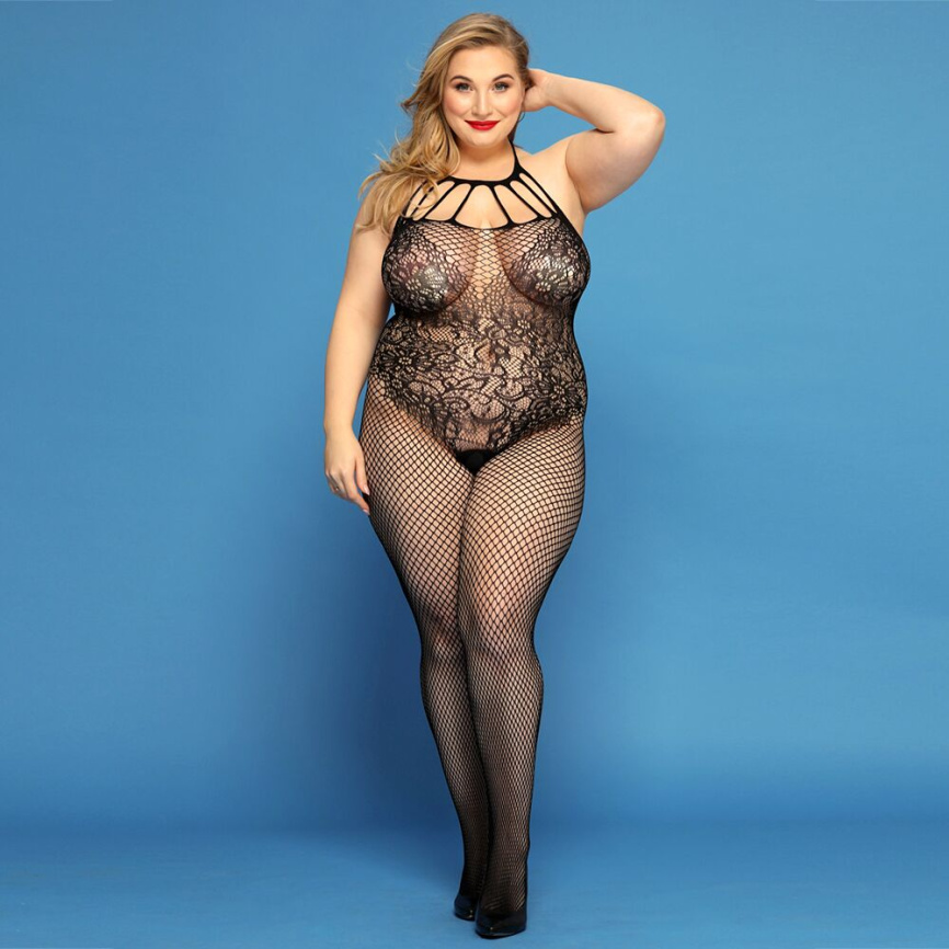 Сітчастий бодістокінг JSY «Відверта Мадлен» Plus Size, Black, імітація боді, мереживо, доступ фото 1