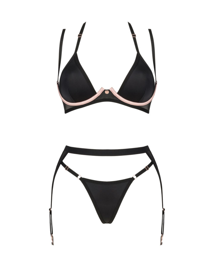 Комплект білизни Obsessive Selinne 3-pcs set XS/S Black, бюстгальтер, стрінги пояс для панчіх фото 3