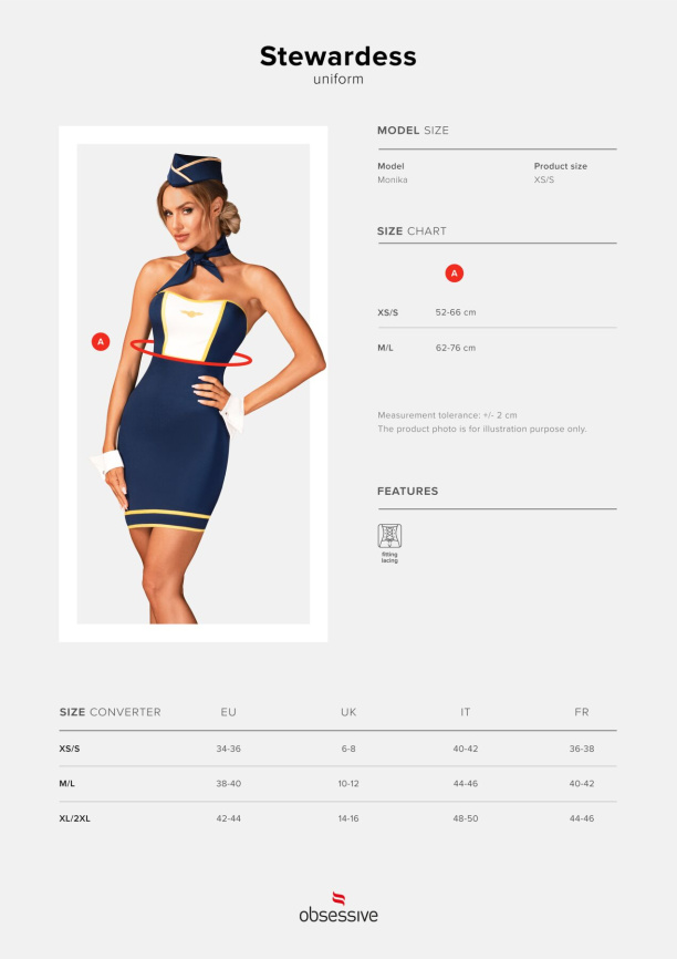 Еротичний костюм стюардеси Obsessive Stewardess uniform XS/S, blue, сукня, пілотка, шарф, манжети фото 5