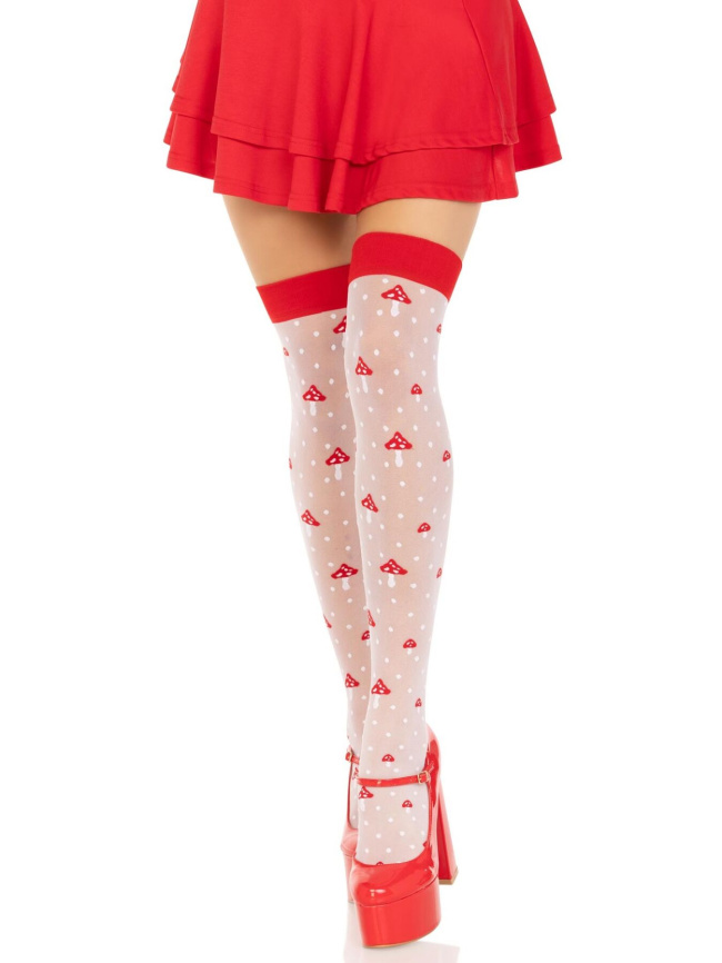 Панчохи Leg Avenue Polka Dot Mushroom Thigh Highs, One Size, біло-червоні, на резинці, малюнок — гриби фото 3