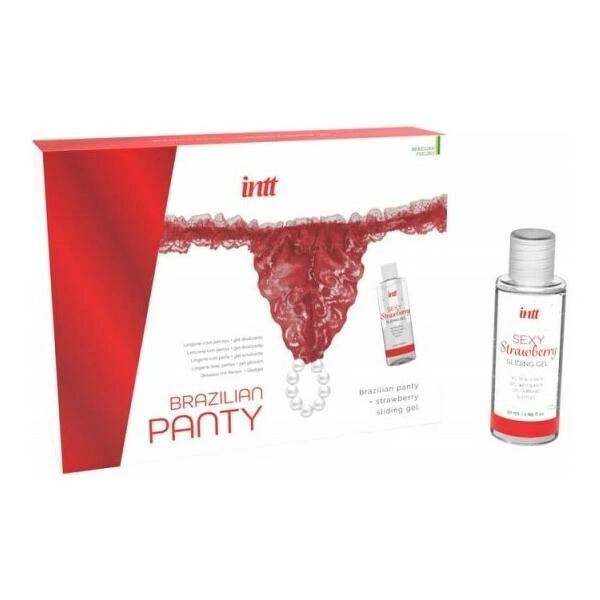 Набор Intt BRAZILIAN PANTY RED: трусики на резинке S-XL с жемчужным кольцом + клубничный лубрикант фото 2