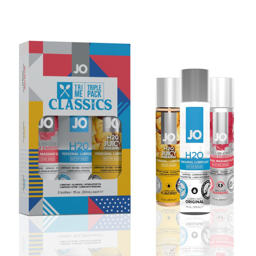 Набір JO Tri-Me Triple Pack — Classics (3×30 мл) водна, силіконова та смакова змазка фото 1