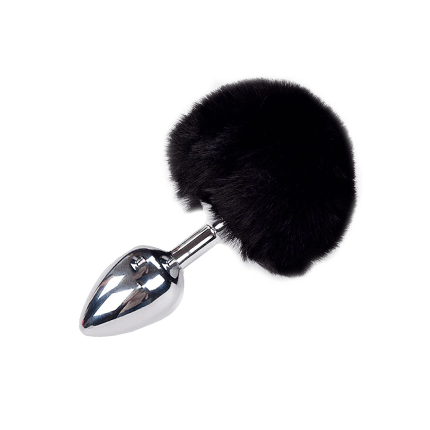 Металлическая анальная пробка Кроличий хвостик Alive Fluffy Plug M Black, диаметр 3,4 см фото 1
