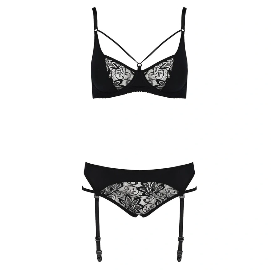 Комплект белья Passion PAULINE SET XXL/XXXL, black, стрэпы, лиф, стринги и пояс для чулок фото 6