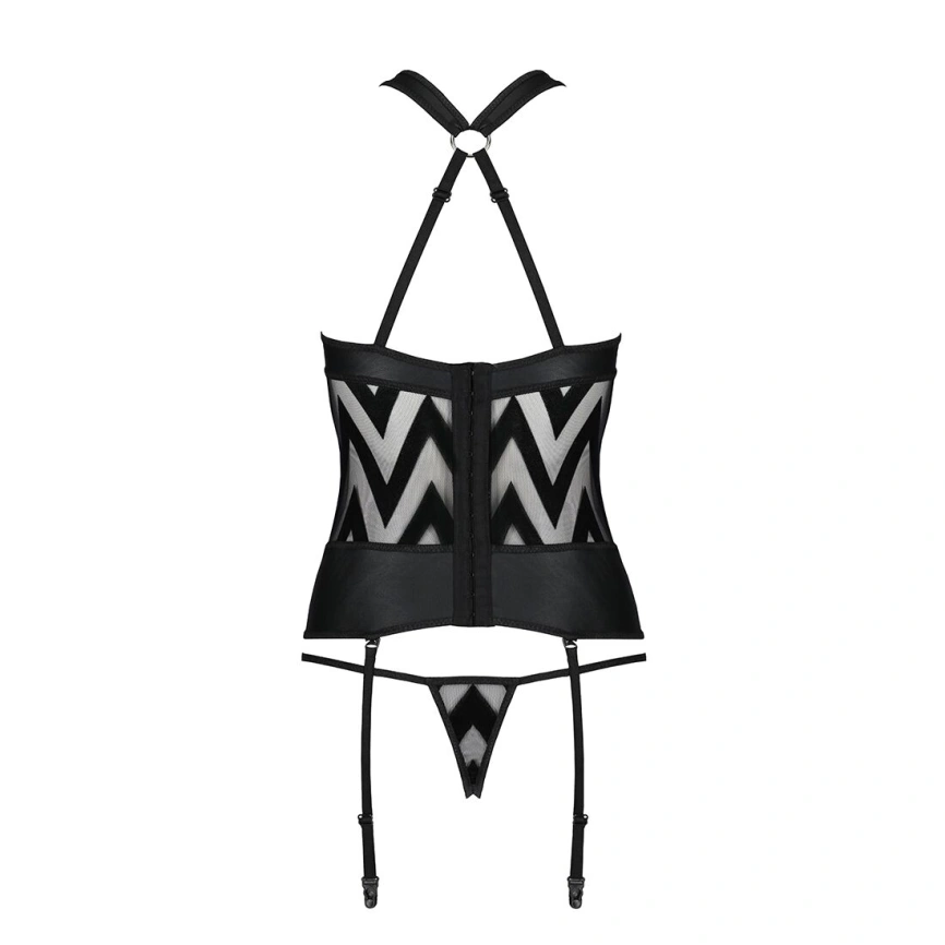 Сетчатый комплект с узором, корсет с халтером, подвязки, трусики Passion HIMA CORSET S/M, black фото 12