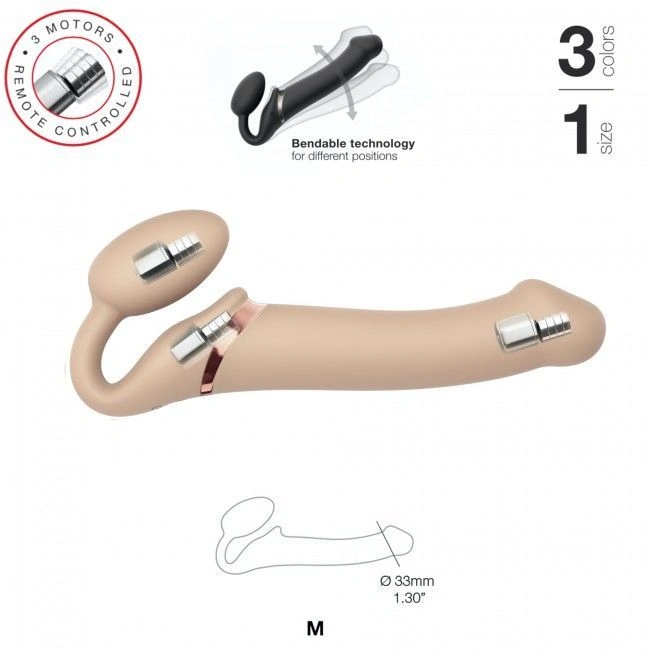 Безремневой страпон с вибрацией Strap-On-Me Vibrating Flesh M, диаметр 3,3см, пульт ДУ, регулируемый фото 3