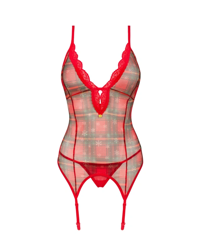 Корсет Obsessive Jollymore corset, M/L, в клетку, с кружевом, пажи для чулок, стринги в комплекте фото 3