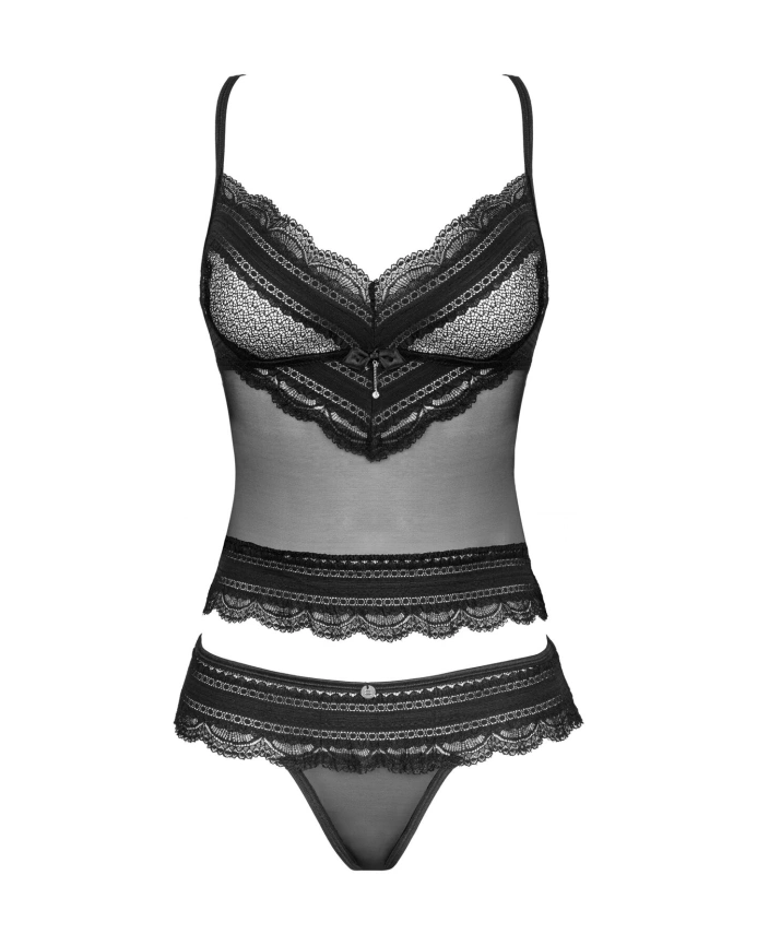 Полупрозрачный набор с украшениями Obsessive Ivannes top & thong S/M, черный, топ и танга фото 5