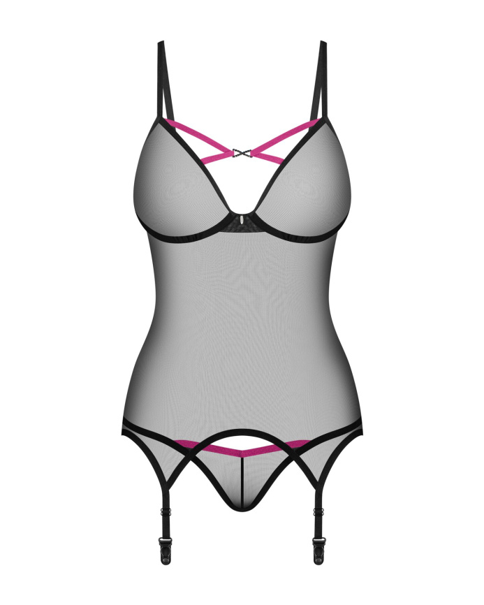 Корсет Obsessive Novenes corset & thong, XL/2XL, прозорий, відкрита спина, стрінги в комплекті фото 4