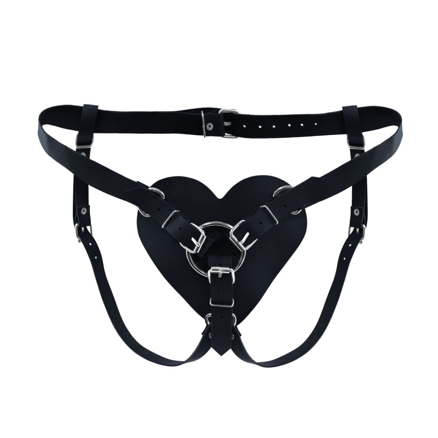 Трусики Серце для страпону з натуральної шкіри Feral Feelings - Hearts Strap-on Belt Black фото 1