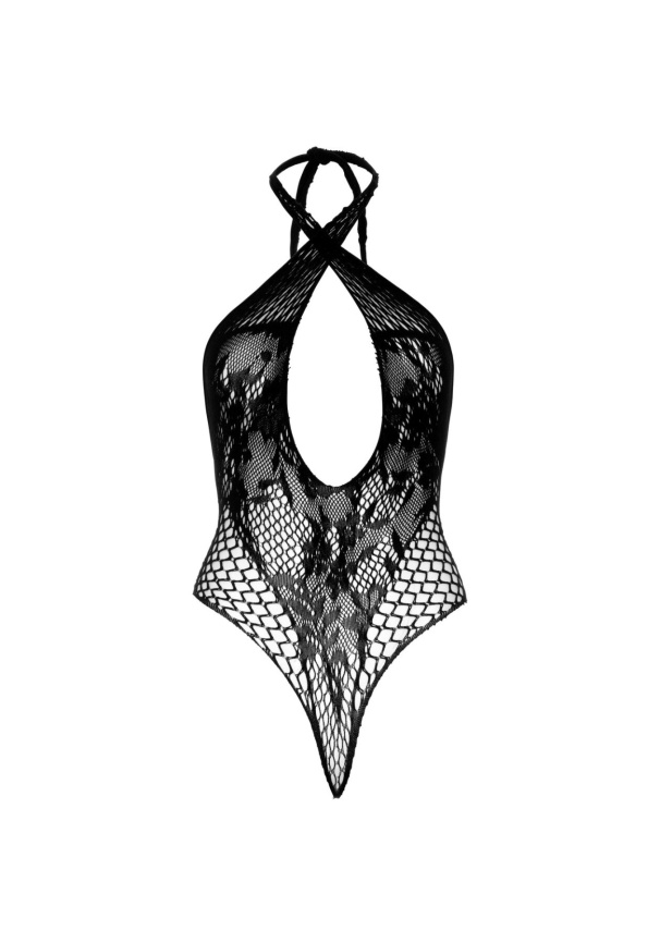 Мереживне тедді Leg Avenue Lace and net halter teddy One size Black, глибокий виріз, халтер фото 7