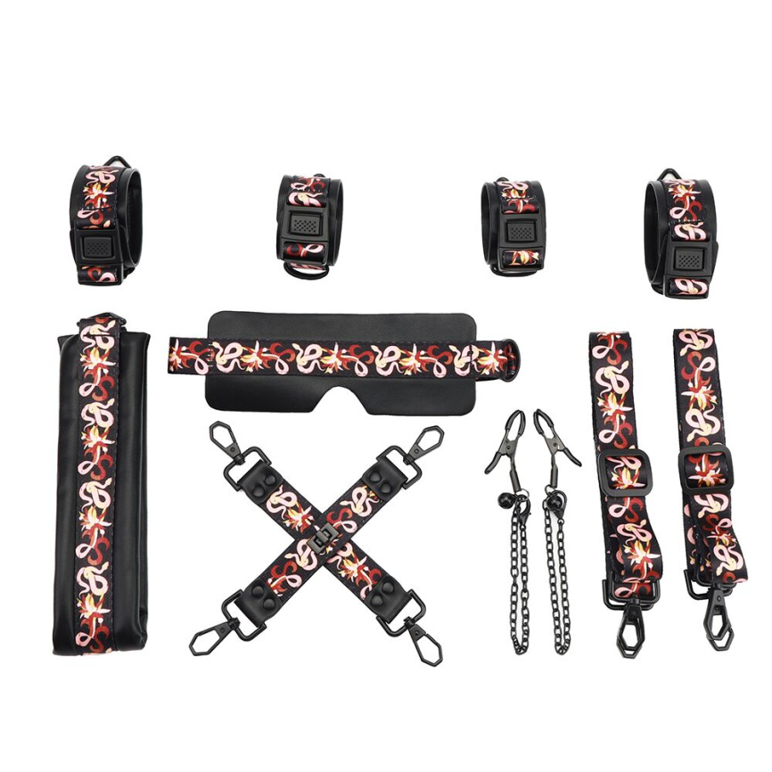 БДСМ-набір LOCKINK The Flowering Serpent Bondage Set, чорний, з малюнком у вигляді змій, 7 предметів фото 1