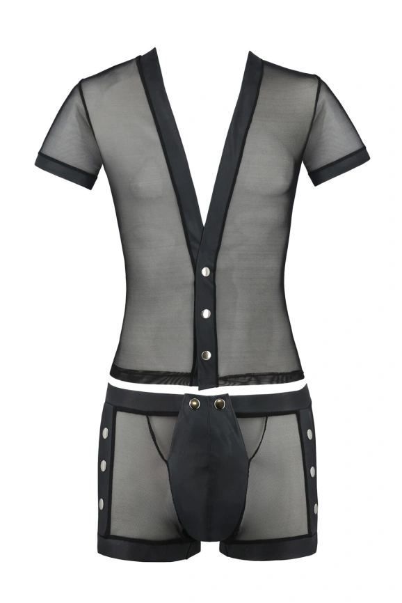 Комплект сетчатого мужского белья Passion 052 SET MICHAEL XXL/XXXL black, рубашка, боксеры, заклепки фото 3
