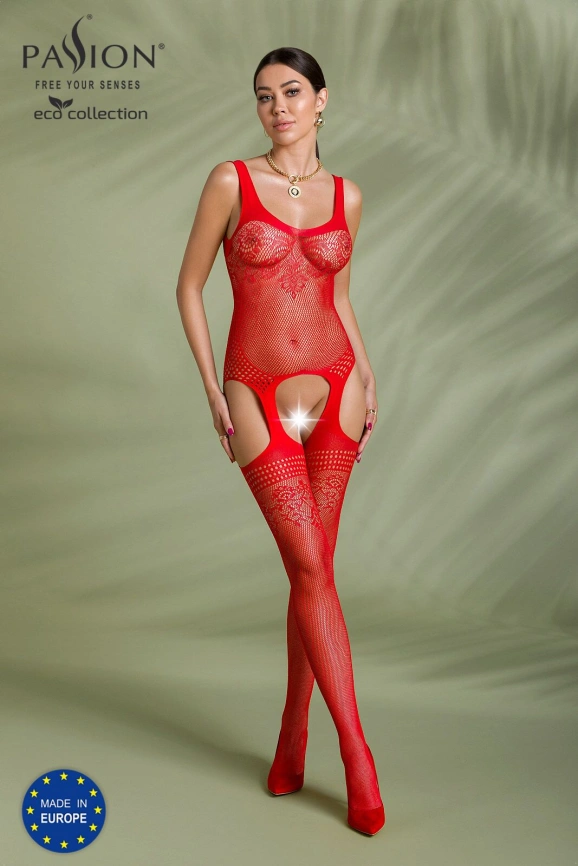 Бодистокинг Passion ECO BS008 red, с доступом, флористический декор, имитация подвязок фото 3