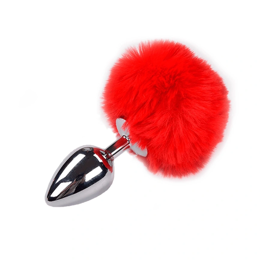 Металлическая анальная пробка Кроличий хвостик Alive Fluffy Plug L Red, диаметр 3,9 см фото 1