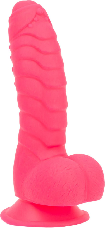 Ребристий фалоімітатор на присосці ADDICTION — Tom 7″ Dildo With Balls — Pink, віброкуля в подарунок фото 3