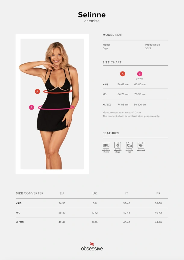 Сорочка Obsessive Selinne chemise & thong XL/2XL Black, стринги, двойные бретели фото 5