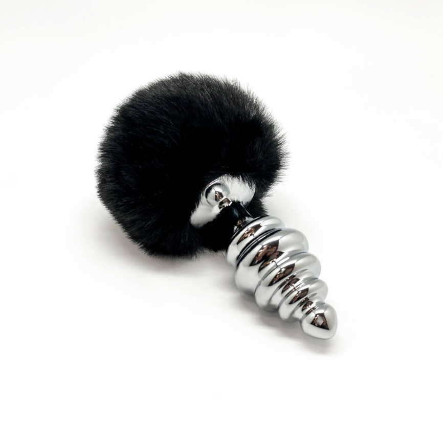 Металева анальна пробка Кролячий хвостик Alive Fluffy Twist Plug L Black, діаметр 3,8 см фото 2