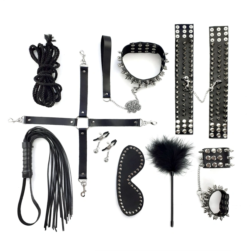 BDSM-набор Art of Sex – Spikes BDSM Set Leather, 10 предметов, черный, натуральная кожа фото 2