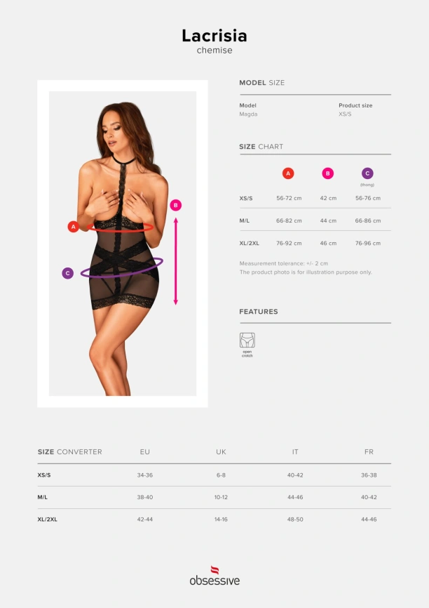 Полупрозрачная сорочка с открытой грудью Obsessive Lacrisia chemise XL/2XL, черная, с чокером фото 7