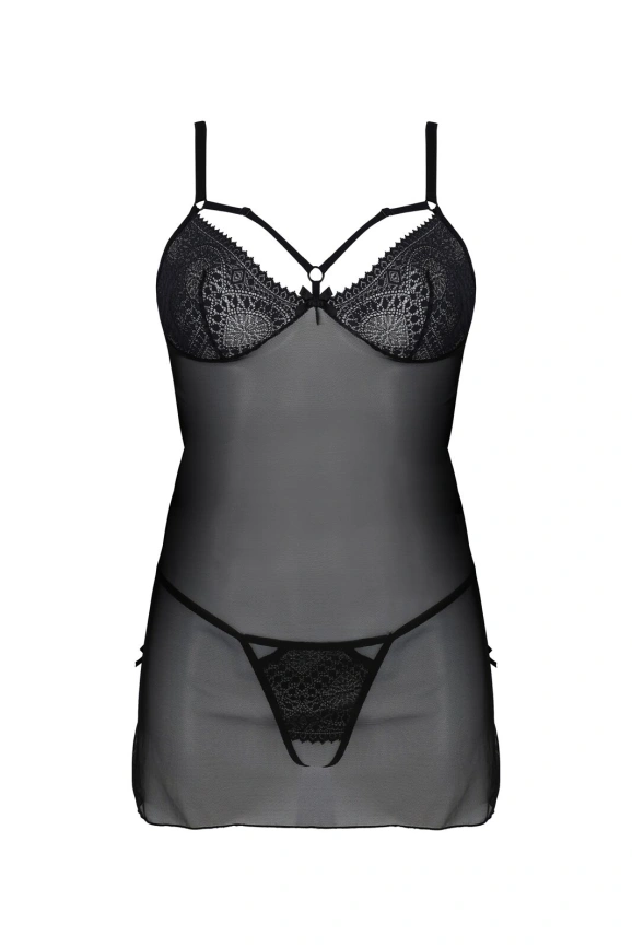 Пеньюар Passion DROSERA CHEMISE black, L/XL, кружевной лиф со стрепами, трусики в комплекте фото 3
