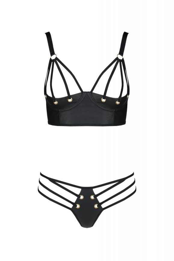 Комплект з екошкіри Passion MALWIA BIKINI 4XL/5XL black, з люверсами та ремінцями, бра, трусики фото 3
