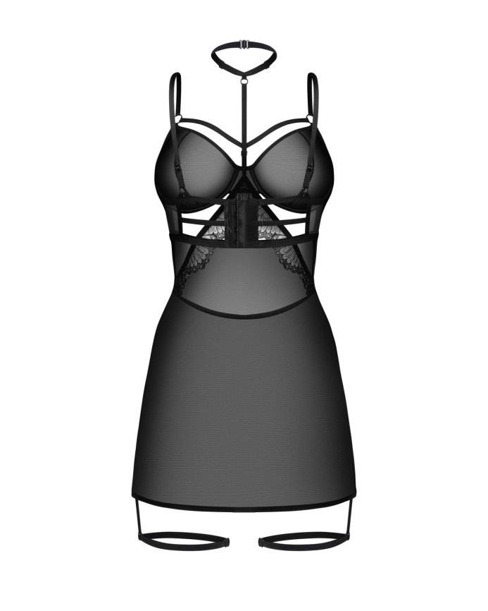 Бэби-долл Obsessive Arrowel Black chemise S/M, с декоративным чокером и гартерами фото 2