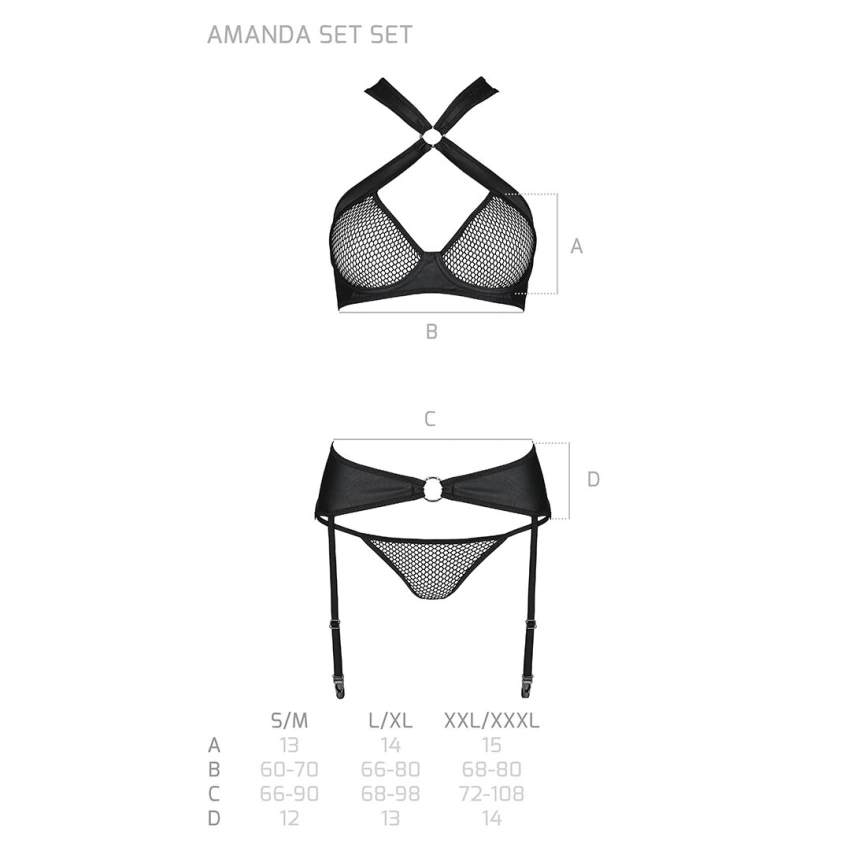 Сетчатый набор, бюстгальтер с халтером, трусики и пояс для чулок AMANDA SET S/M, black фото 12