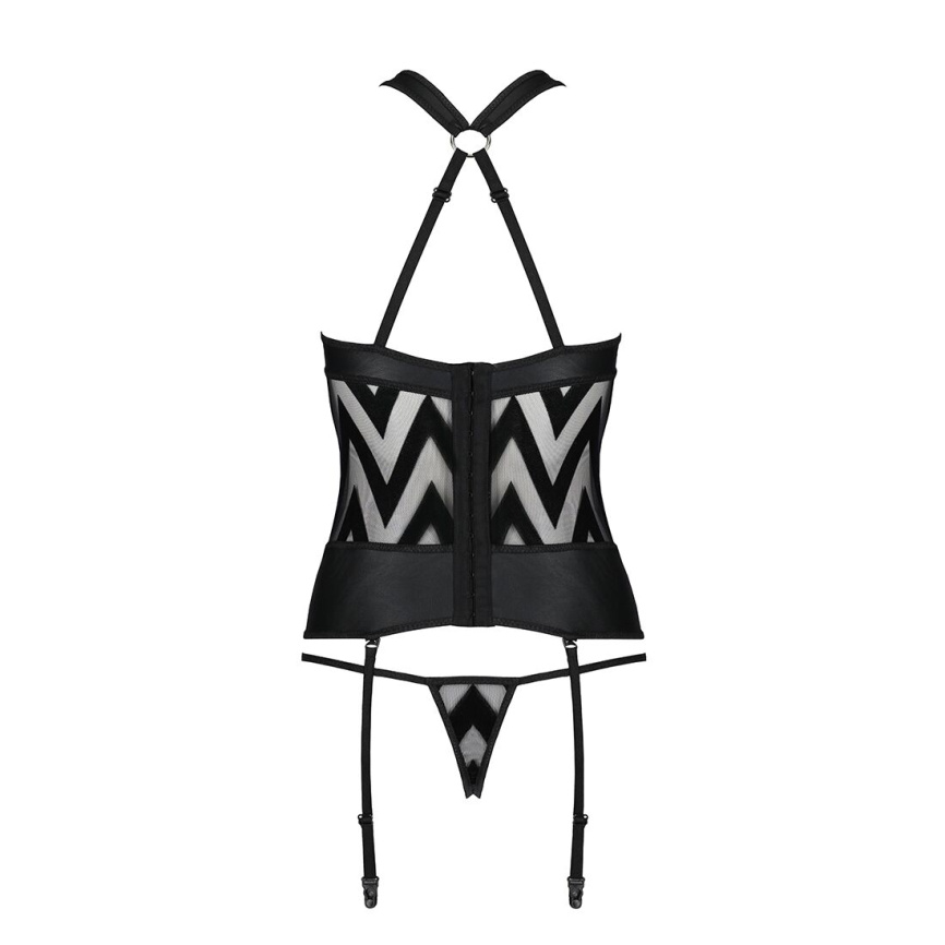 Сітчастий комплект з візерунком Passion HIMA CORSET L/XL black корсет з халтером, підв'язки, трусики фото 6
