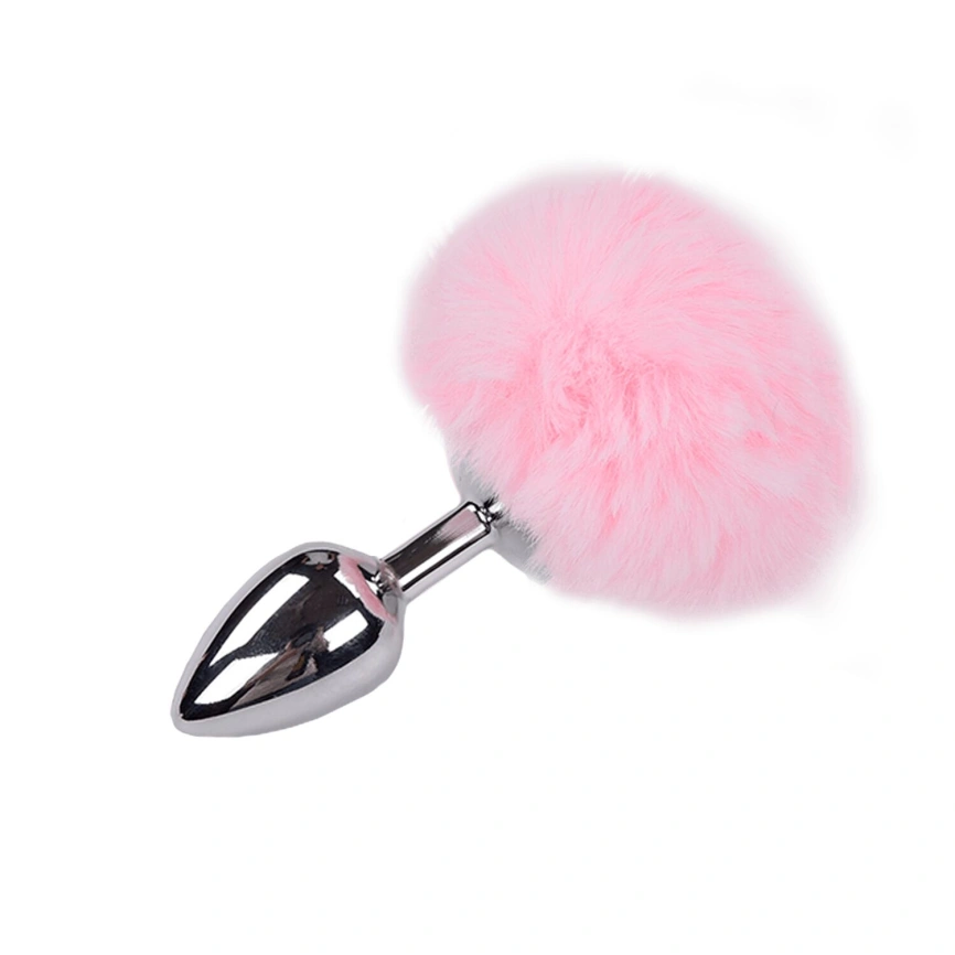 Металлическая анальная пробка Кроличий хвостик Alive Fluffy Plug M Pink, диаметр 3,4 см фото 1