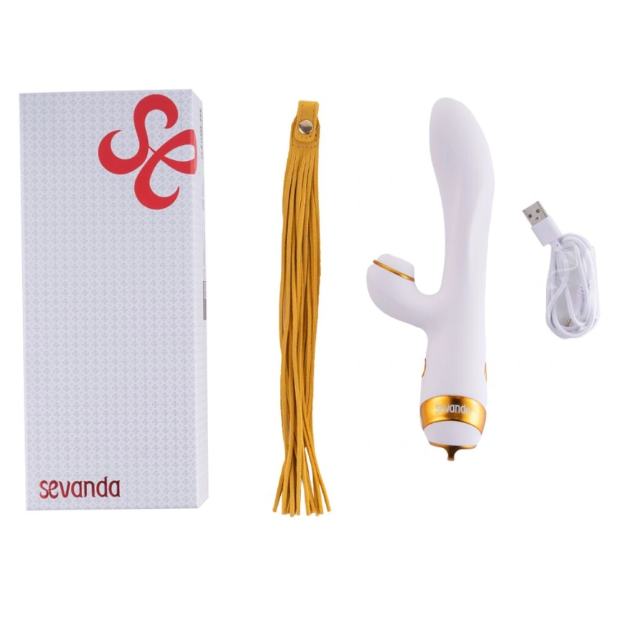 Вибратор-кролик с пульсацией и флоггером LOCKINK SEVANDA Whip Vibrating Massage Wand, бело-золотой фото 8